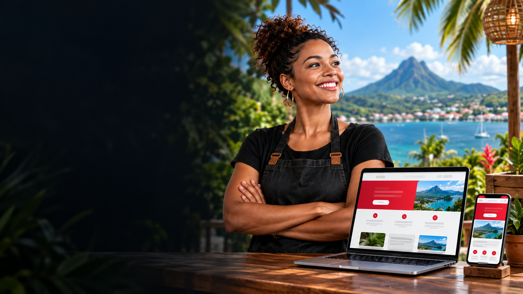 Entrepreneuse martiniquaise devant son ordinateur présentant un site internet