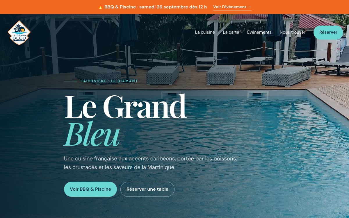 Site internet du restaurant Le Grand Bleu à Taupinière, Le Diamant, réalisé par NBarth Digital Solutions